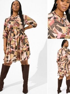 torrid Abstract Geometric Midi Dress in Pink, Green, Tan, Black, Cream, Size 0
